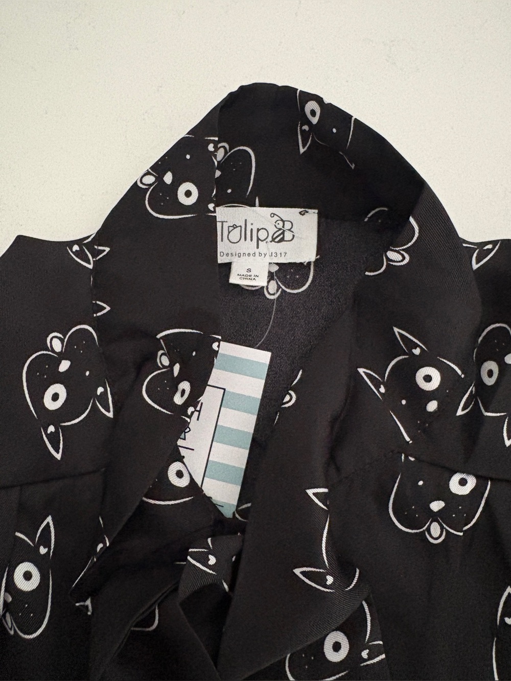 Tulip B Black Dog Print Tie-Neck Blouse-S - Picture 5 of 7